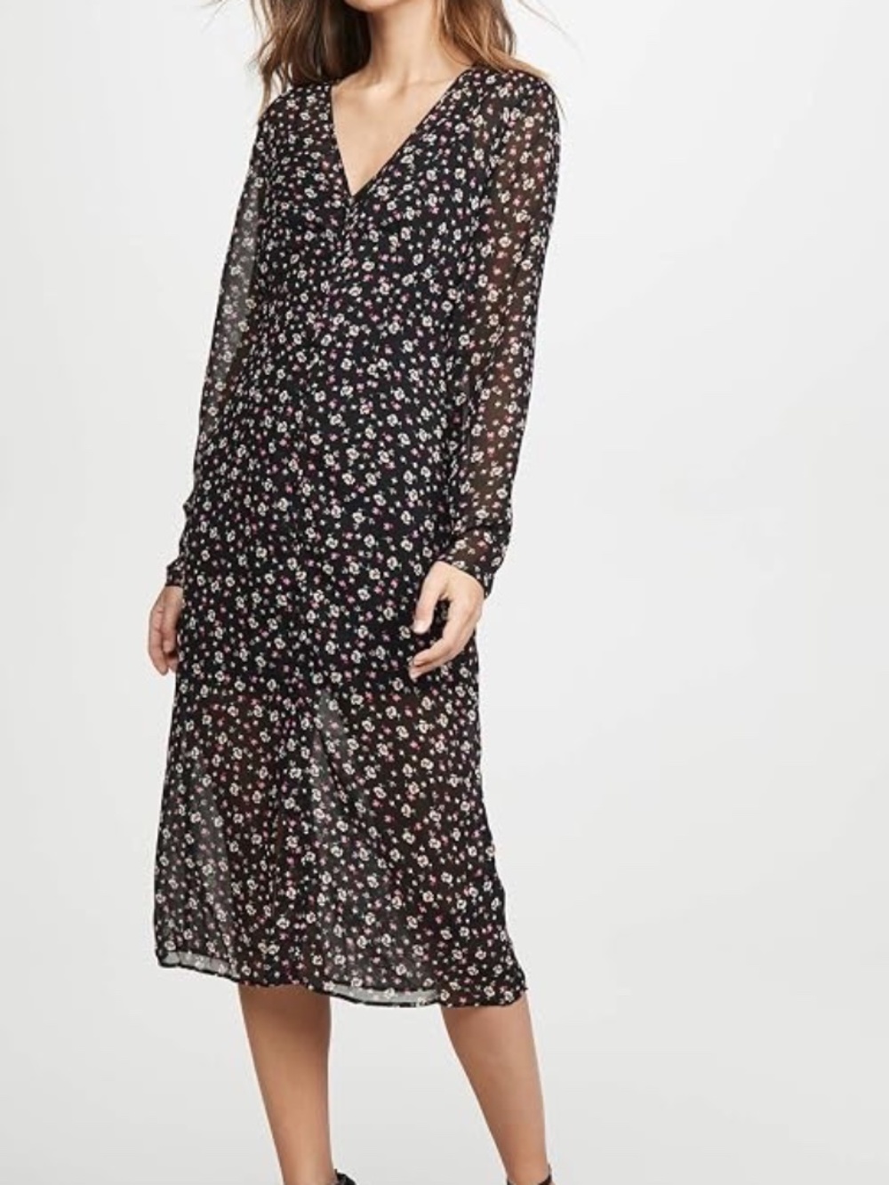 Ditsy Floral Button Front Midi Dress Black Long Sleeve Size L The Fifth Label